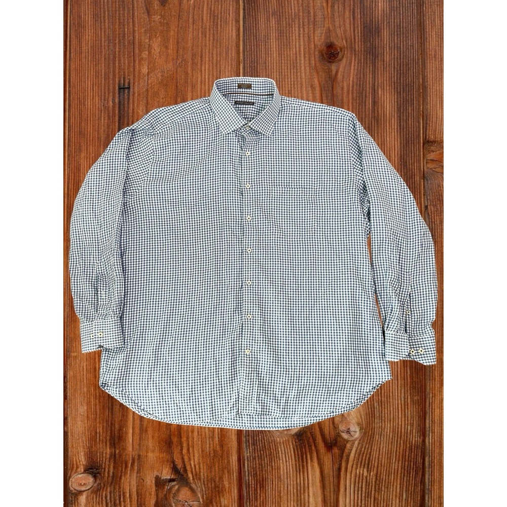 Peter Millar Blue Checkered Pattern Button Up Casual Wear Dress Shirt Men XXL